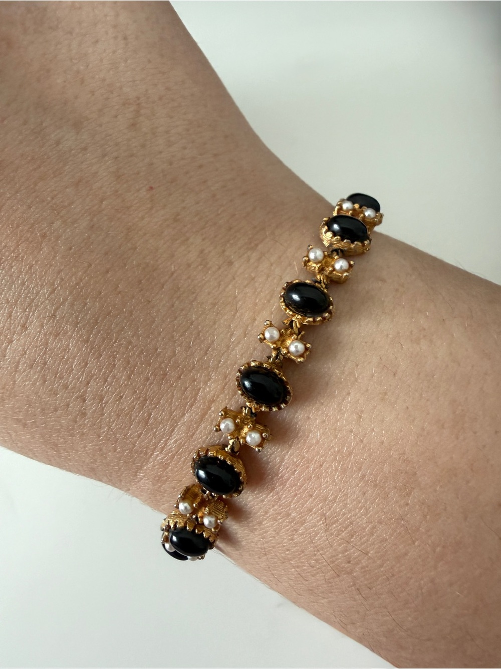 Vintage Gold-Tone Bracelet with Black Onyx Cabochons and Pearl Accents